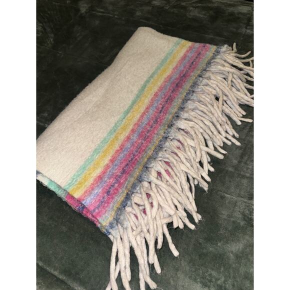 Free People Fringe Throw Blanket Ivory Multi Striped Retro Boho Western 60 X 54 - Picture 1 of 7